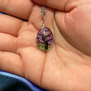 Resin Flower Pressed & Tree Oval Pendant Charm Stainless Steel Necklace